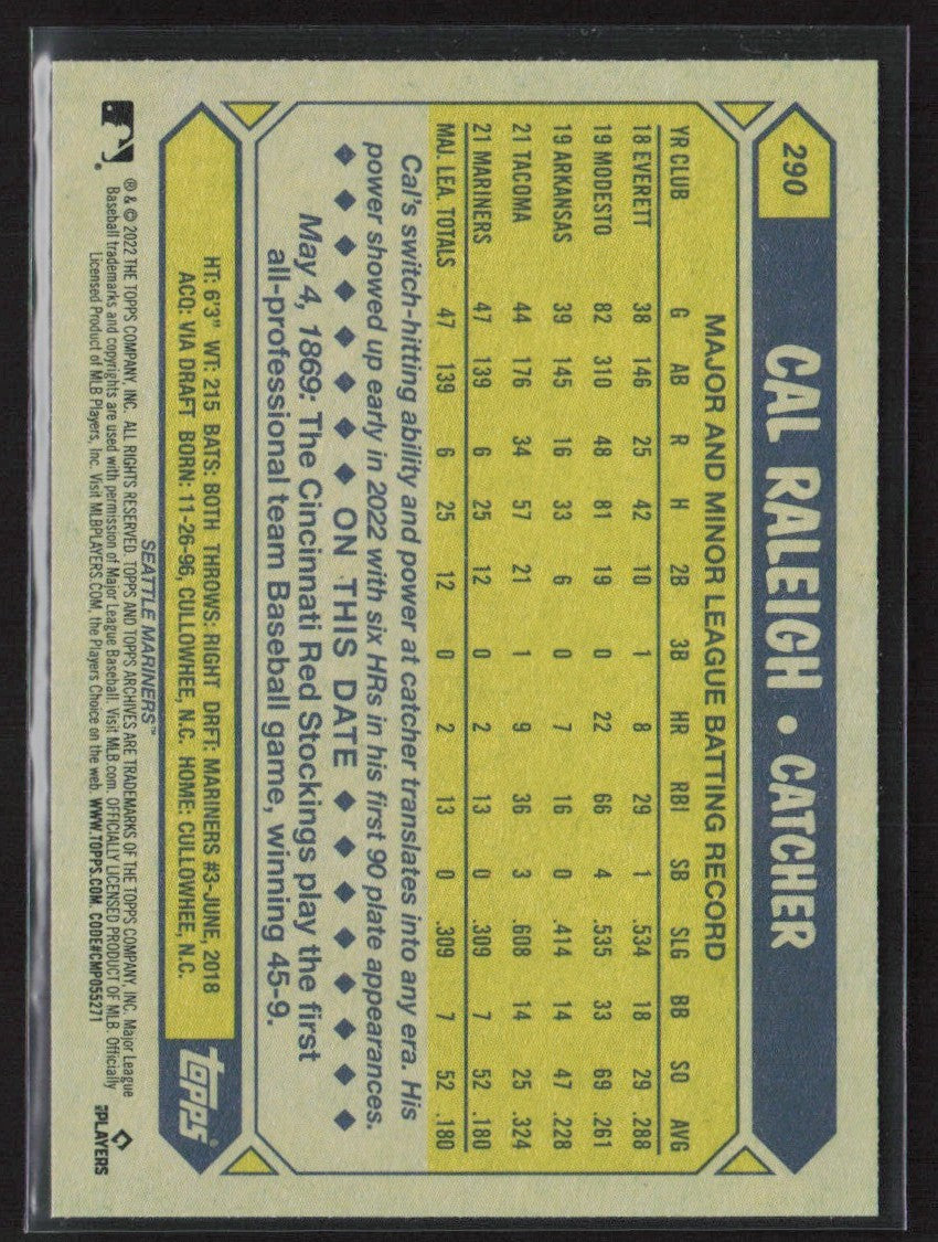 Cal Raleigh 2022 Topps Archives 1987 Design RC #290 Seattle Mariners