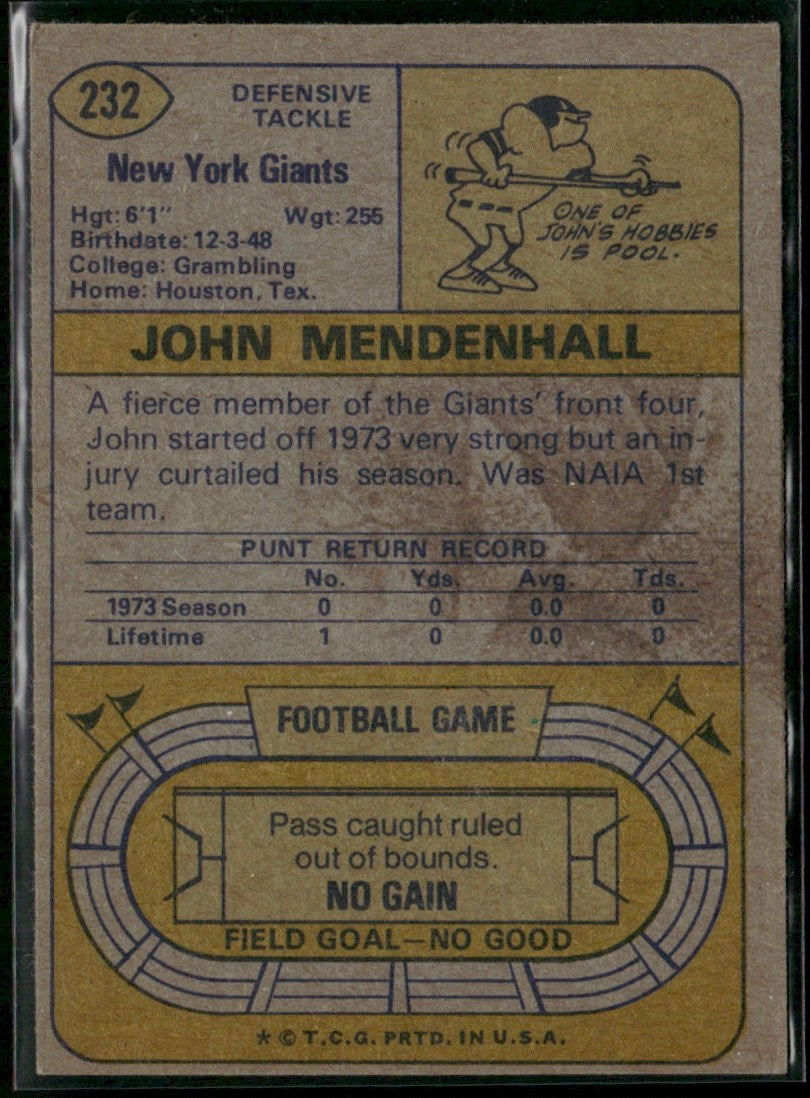 John Mendenhall 1974 Topps #232 New York Giants