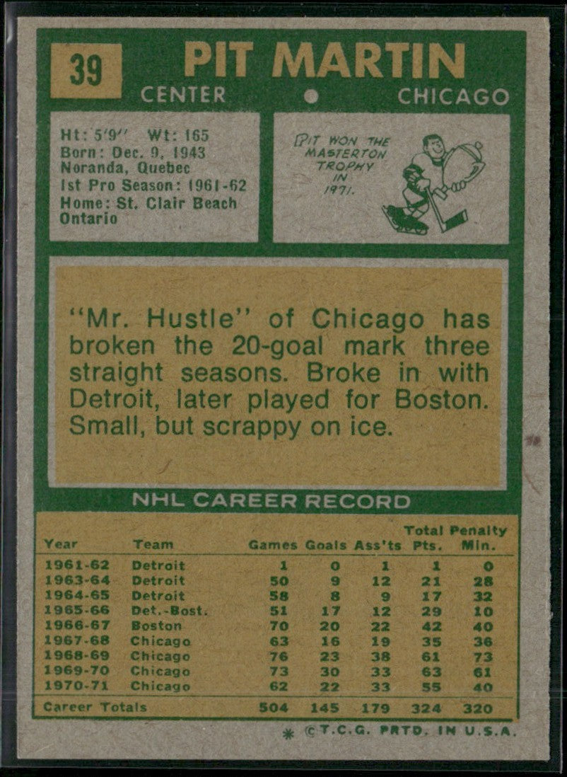 Pit Martin 1971 Topps #39 Chicago Blackhawks