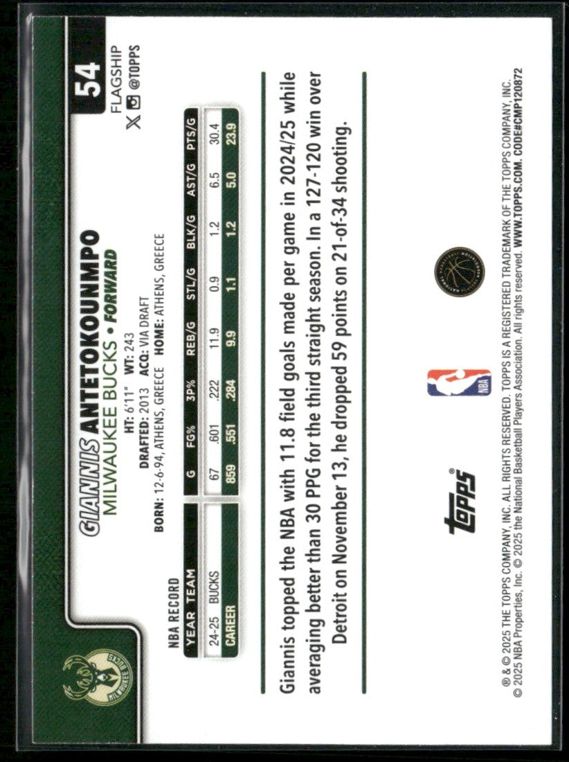 Giannis Antetokounmpo 2025 Topps Season Tip Off #54 Milwaukee Bucks