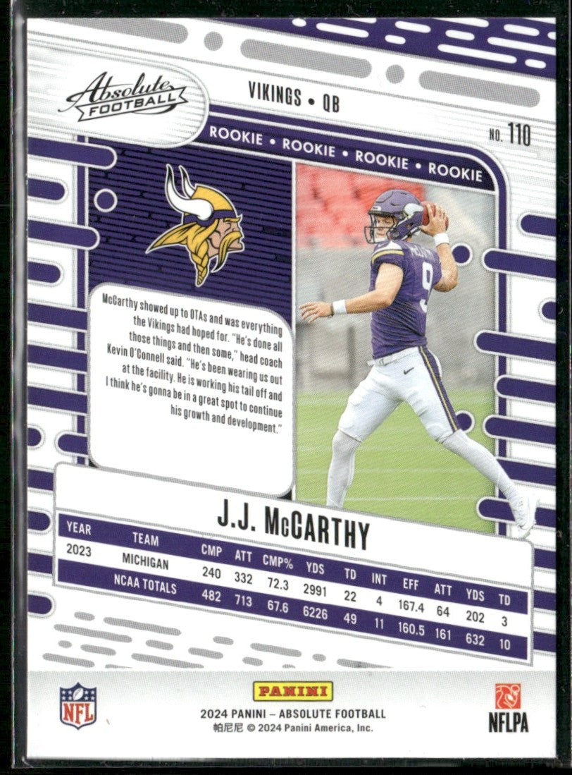 J.J. McCarthy 2024 Panini Absolute RC #110 Minnesota Vikings