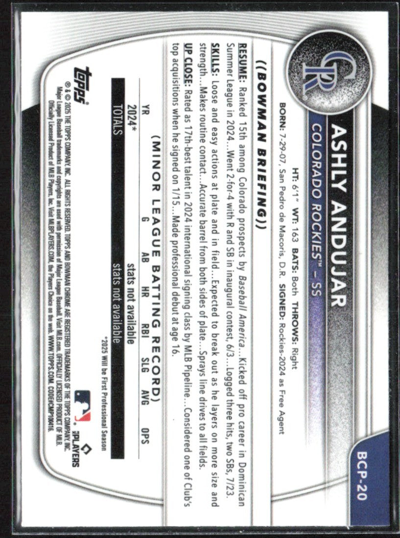Ashly Andujar 2025 Bowman Chrome 1st #BCP-20 Colorado Rockies