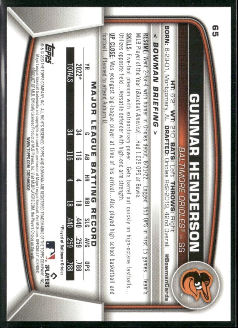 Gunnar Henderson 2023 Bowman RC #65 Baltimore Orioles