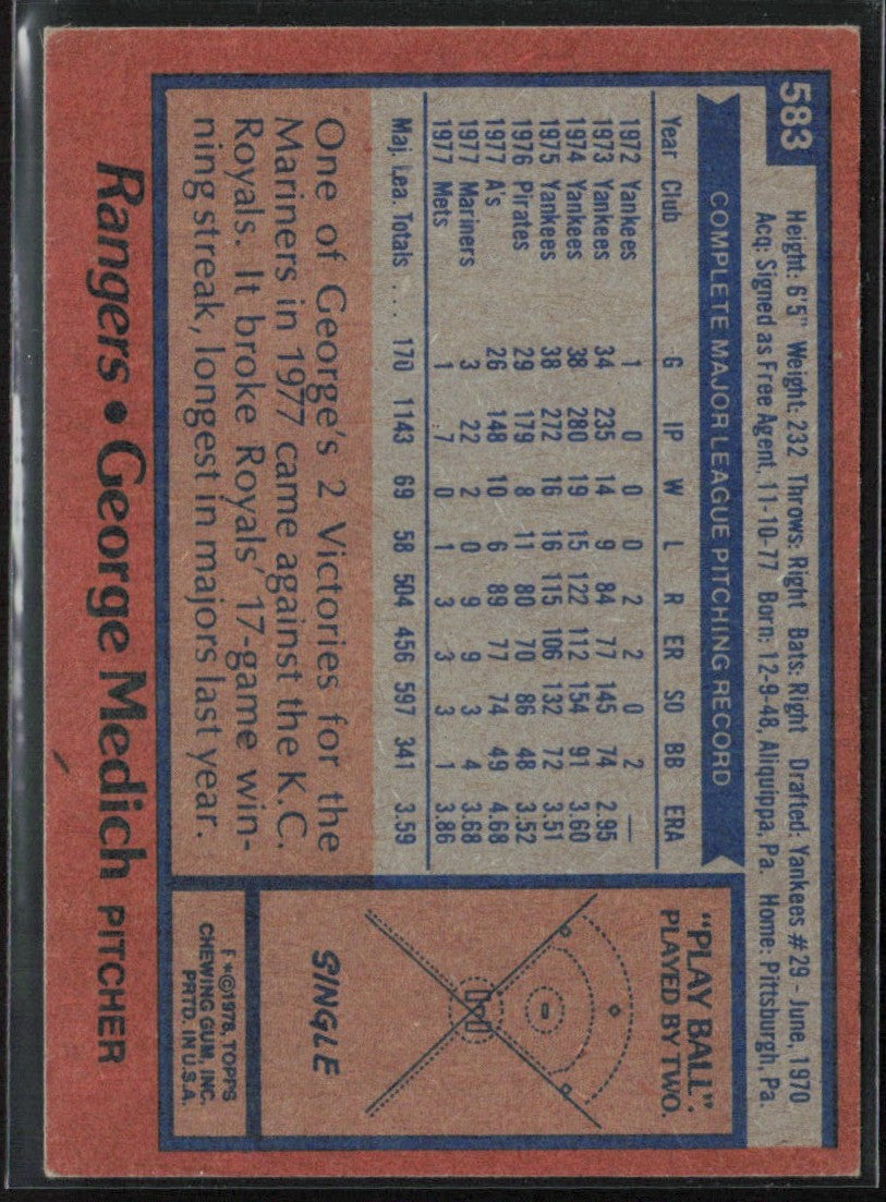 George Medich 1978 Topps #583 Texas Rangers