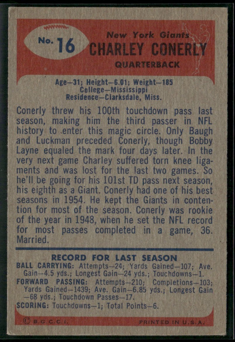 Charley Conerly 1955 Bowman #16 New York Giants