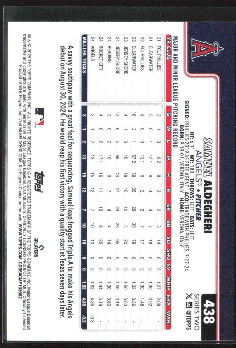Samuel Aldegheri 2025 Topps Holiday RC #438 Los Angeles Angels