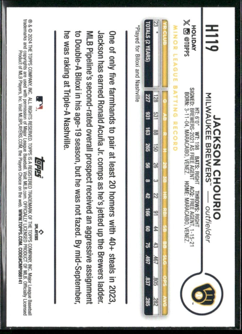 Jackson Chourio 2024 Topps Holiday Blue Metallic RC #H119 Milwaukee Brewers