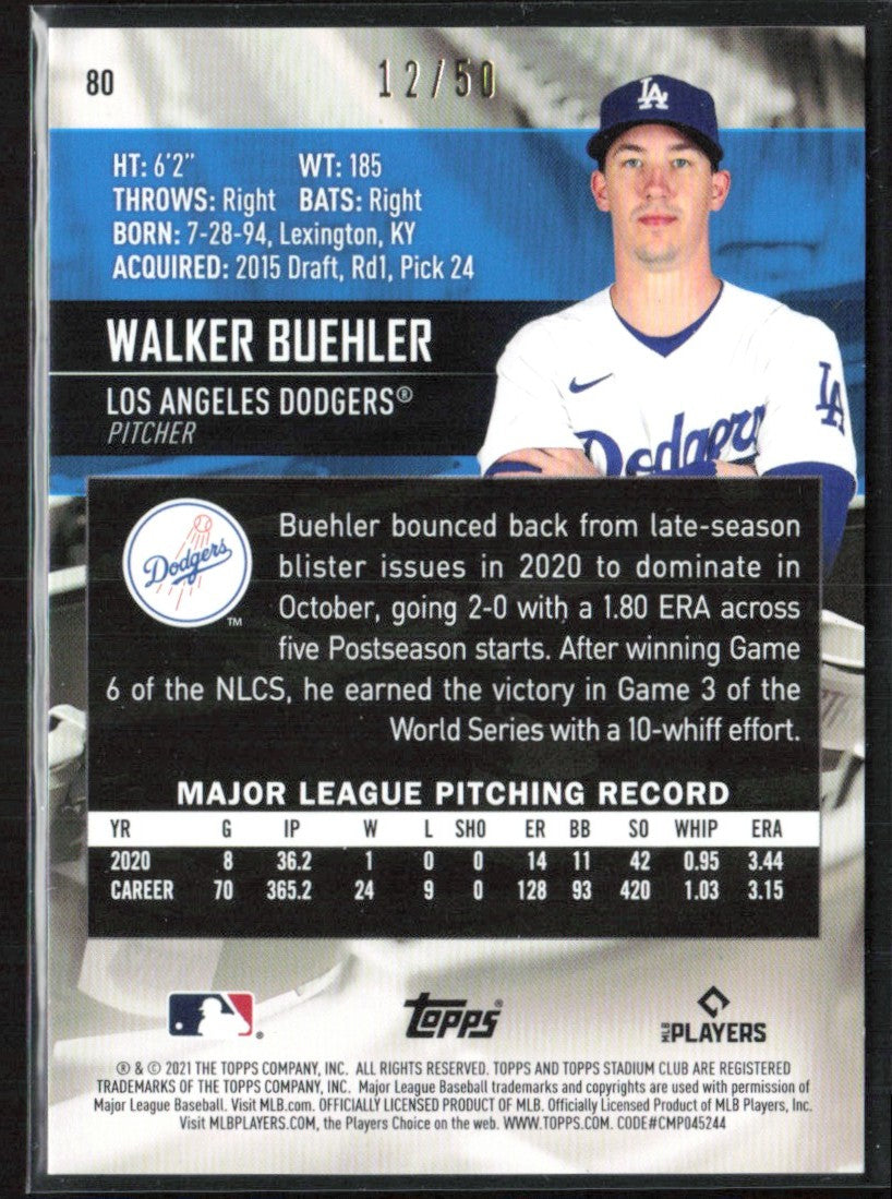 Walker Buehler 2021 Topps Stadium Club Blue Foil /50 #80 Los Angeles Dodgers