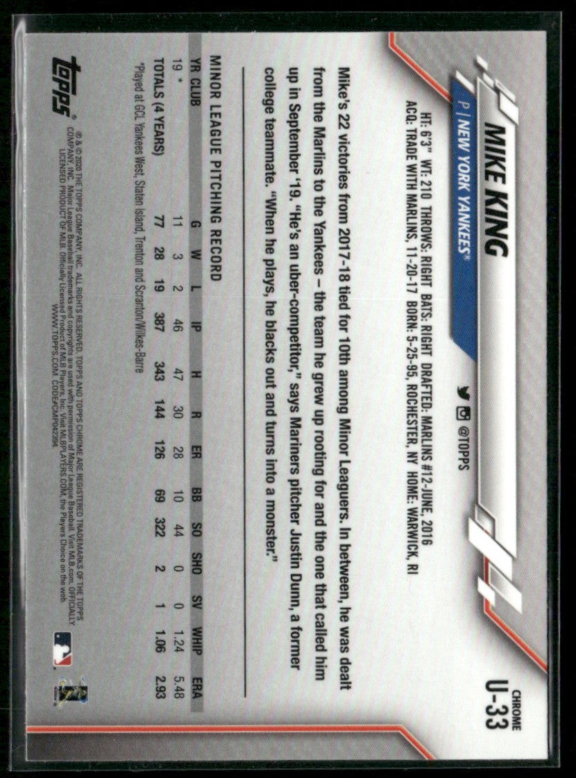 Mike King 2020 Topps Chrome Update RC #U-33 New York Yankees