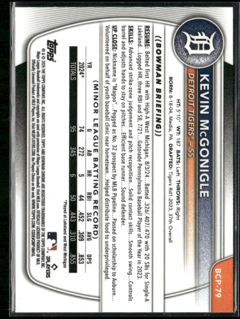 Kevin McGonigle 2025 Bowman Chrome 1st #BCP-79 Detroit Tigers