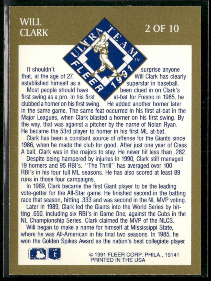 Will Clark 1991 Fleer Ultra Team #2 San Francisco Giants