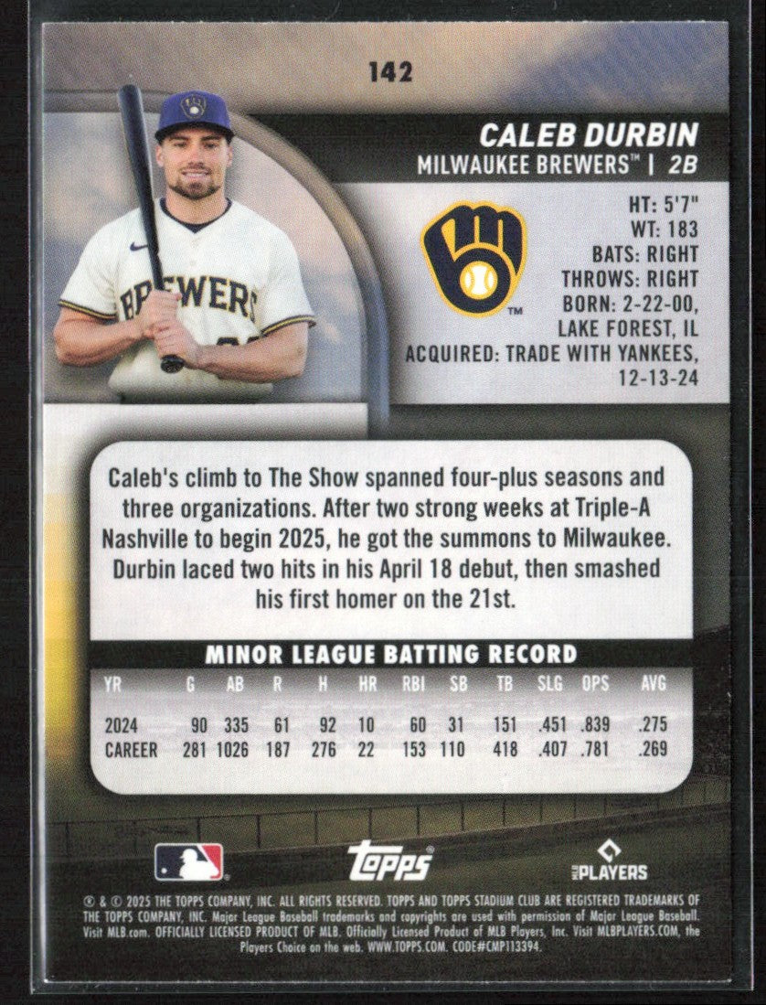 Caleb Durbin 2025 Topps Stadium Club RC #142 Milwaukee Brewers