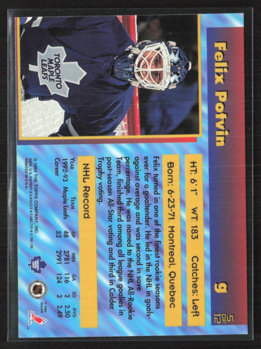 Felix Potvin 1993 Topps Stadium Club Finest #5 Toronto Maple Leafs