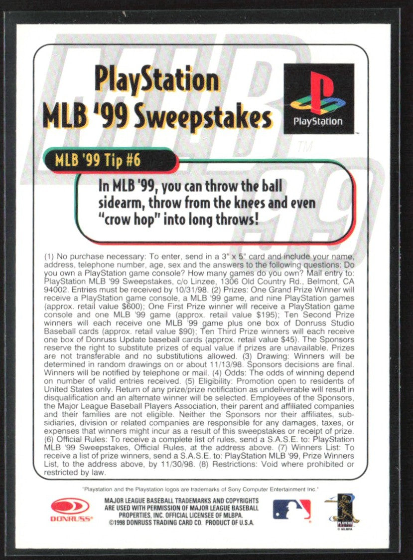 Derek Jeter 1998 Donruss Playstation MLB '99 Sweepstakes #NNO New York Yankees