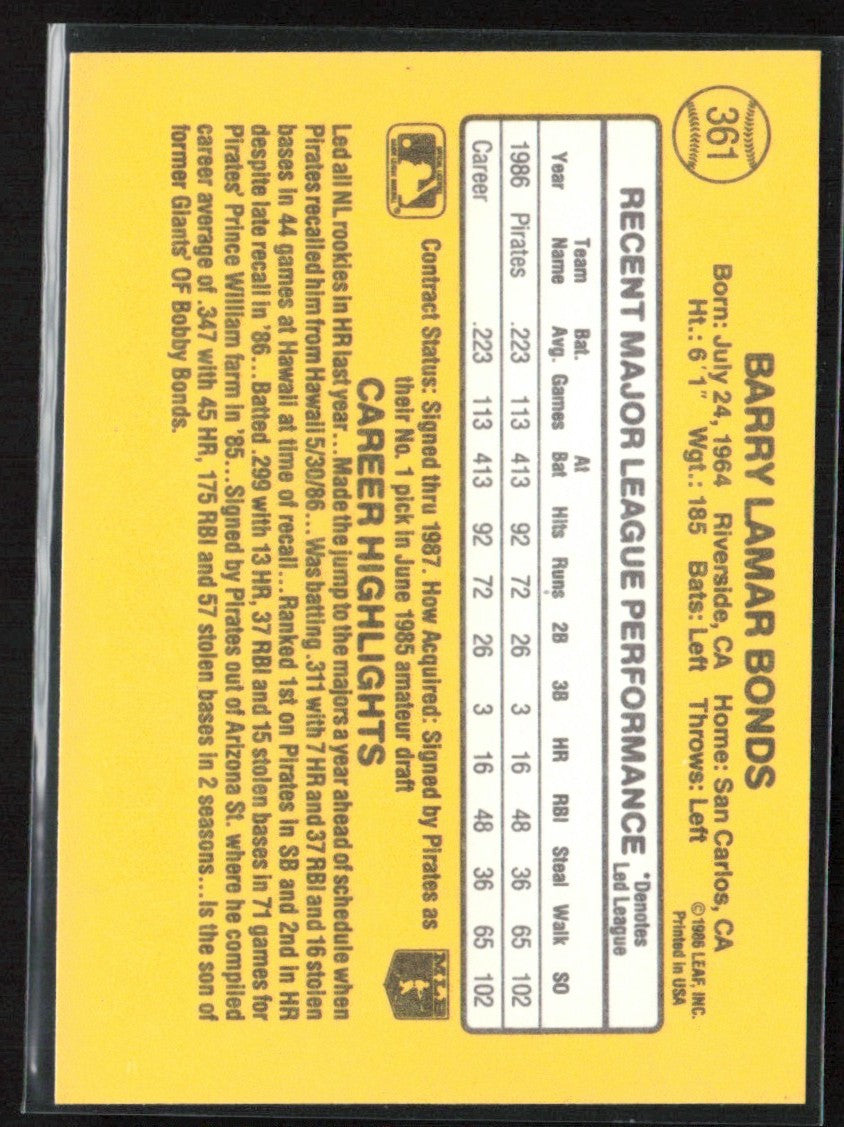 Barry Bonds 1987 Donruss RC #361 Pittsburgh Pirates
