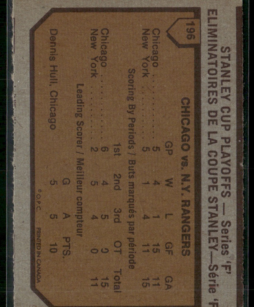 Blackhawks vs. Rangers Hull 1972 O-Pee-Chee #196 Chicago Black Hawks