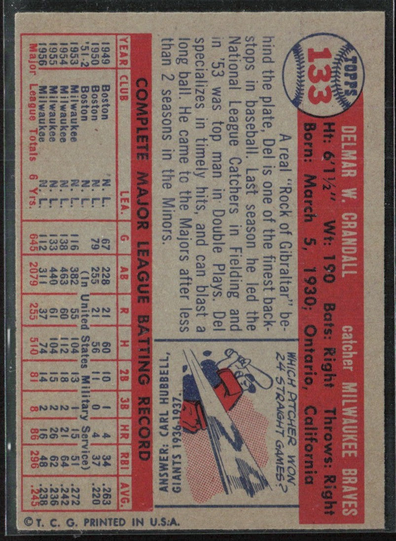 Del Crandall 1957 Topps #133 Milwaukee Braves