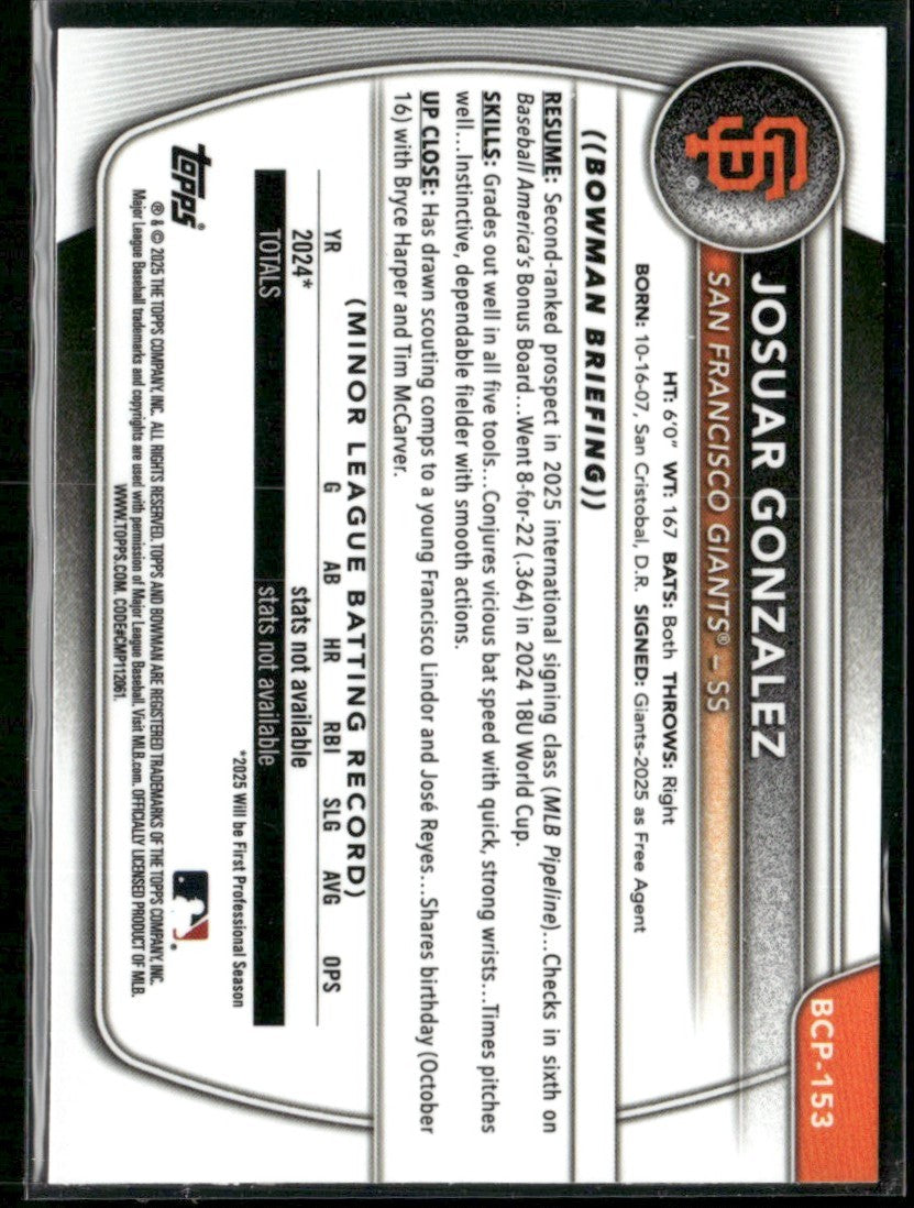Josuar Gonzalez 2025 Bowman Chrome 1st #BCP-153 San Francisco Giants