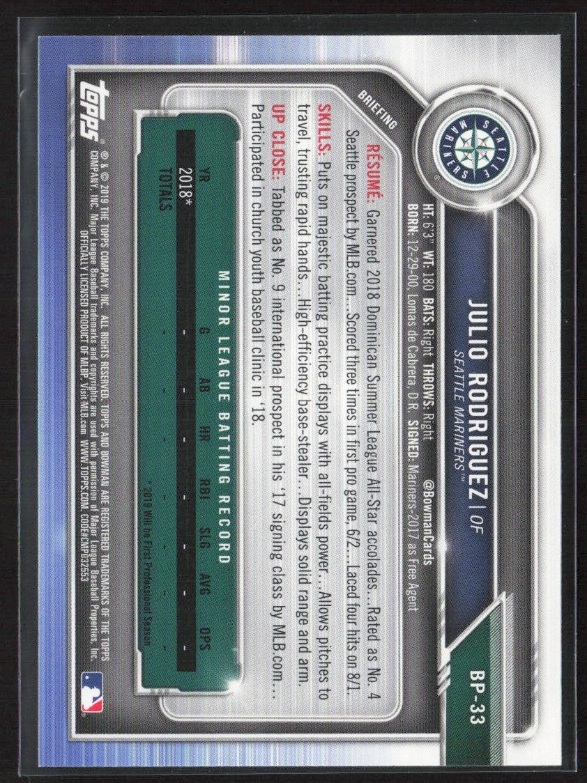 Julio Rodriguez 2019 Bowman 1st #BP-33 Seattle Mariners