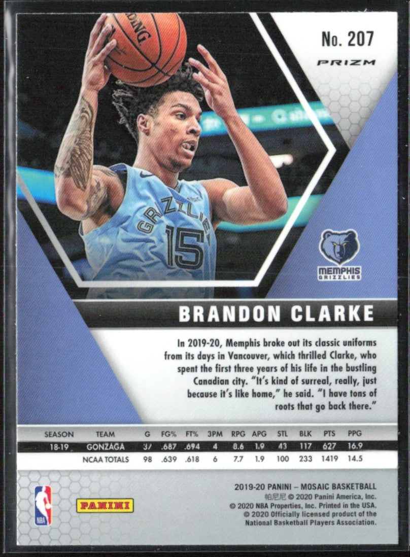 Brandon Clarke 2019 Panini Mosaic Silver Prizm RC #207 Memphis Grizzlies