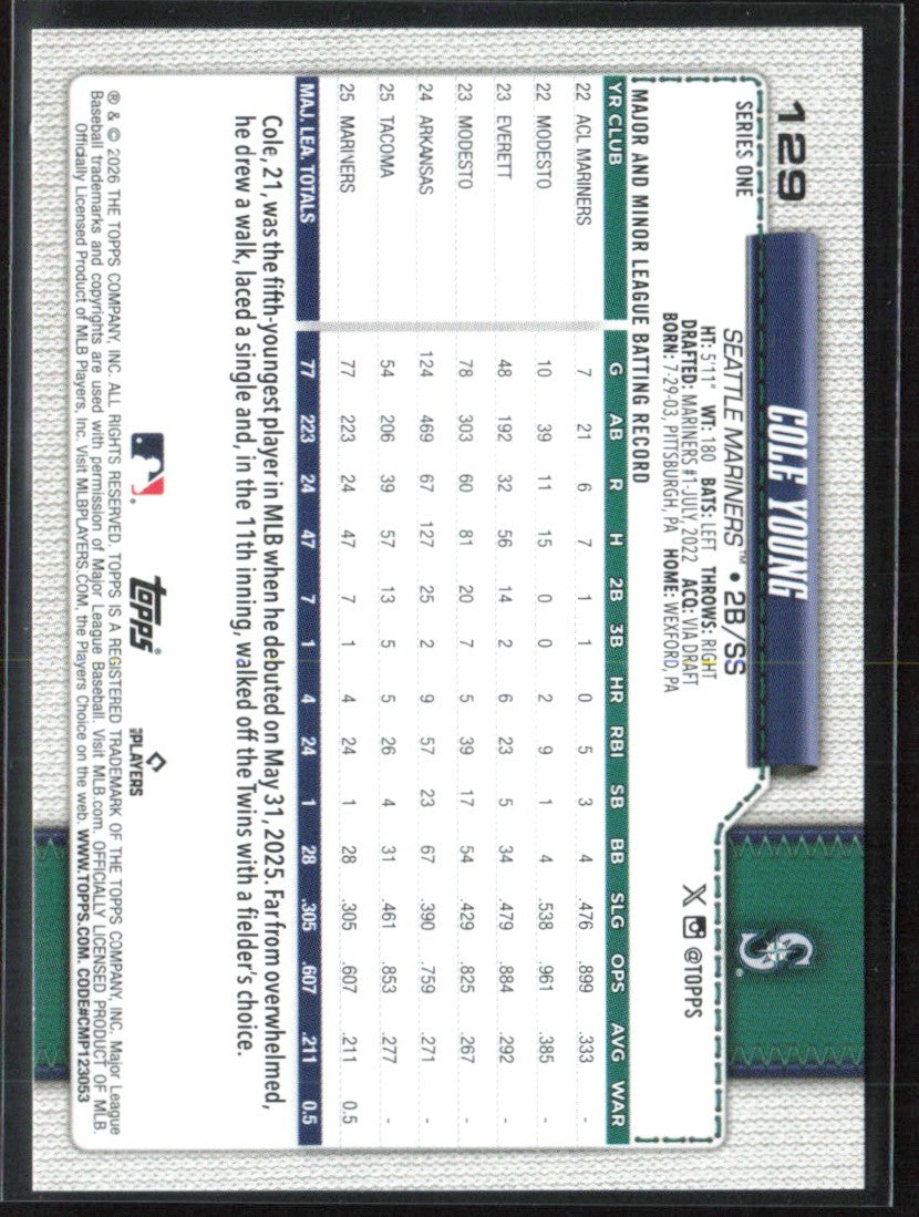 Cole Young 2026 Topps RC #129 Seattle Mariners