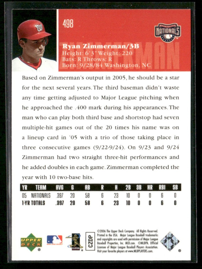 Ryan Zimmerman 2006 Upper Deck RC #498 Washington Nationals