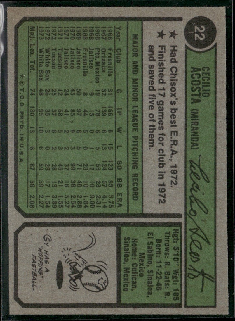 Cy Acosta 1974 Topps #22 Chicago White Sox
