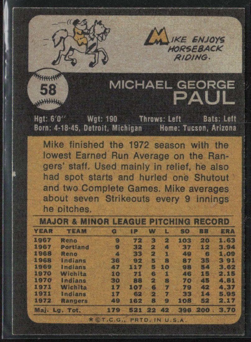 Mike Paul 1973 Topps #58 Texas Rangers