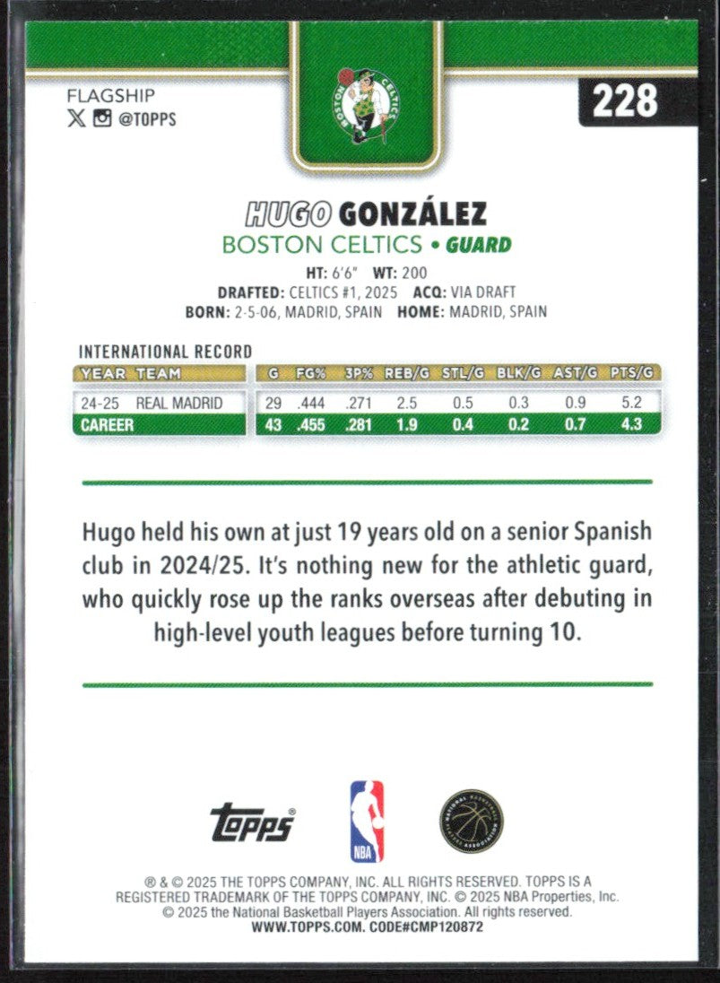 Hugo Gonzalez 2025 Topps RC #228 Boston Celtics