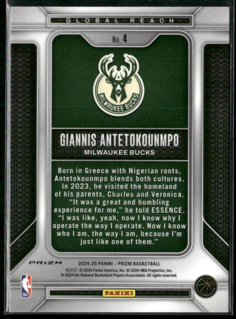 Giannis Antetokounmpo 2024 Panini Prizm Global Reach Green #4 Milwaukee Bucks