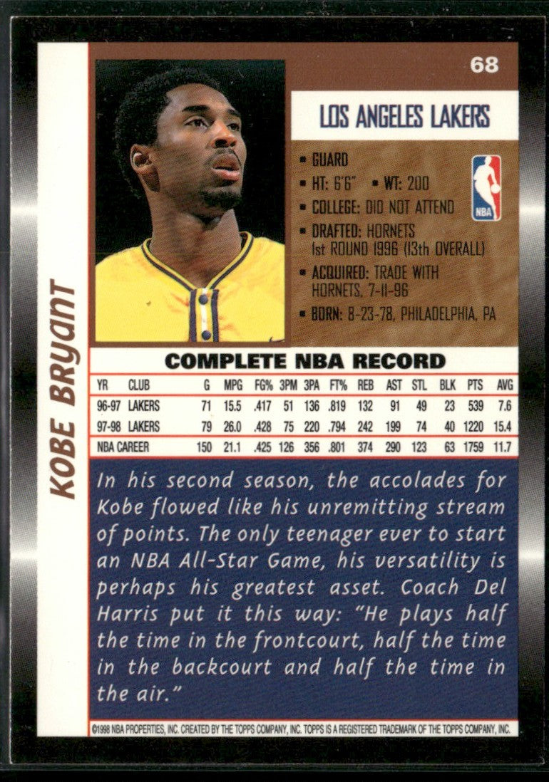 Kobe Bryant 1998 Topps #68 Los Angeles Lakers