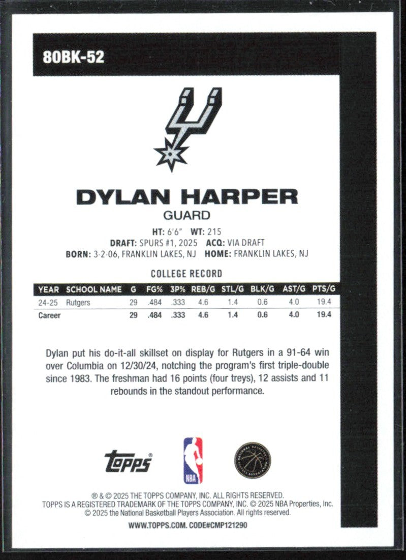 Dylan Harper 2025 Topps 1980 Design RC #80BK-52 San Antonio Spurs