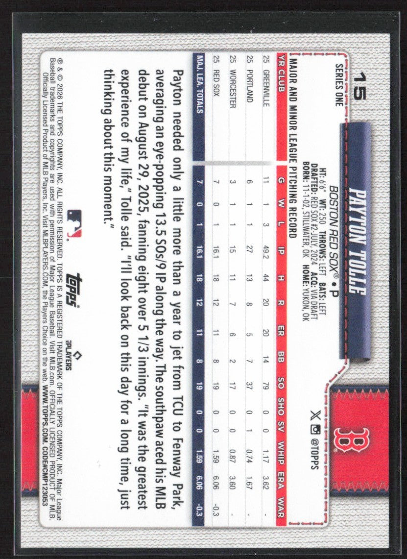 Payton Tolle 2026 Topps RC #15 Boston Red Sox
