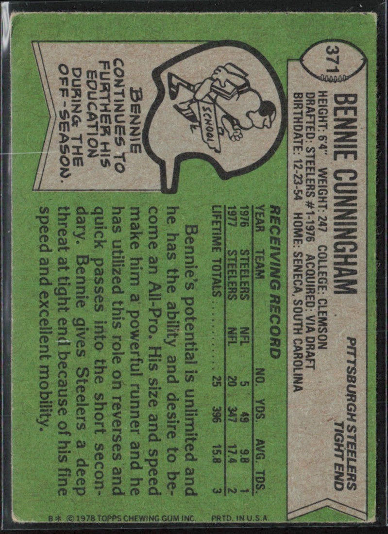 Bennie Cunningham 1978 Topps #371 Pittsburgh Steelers