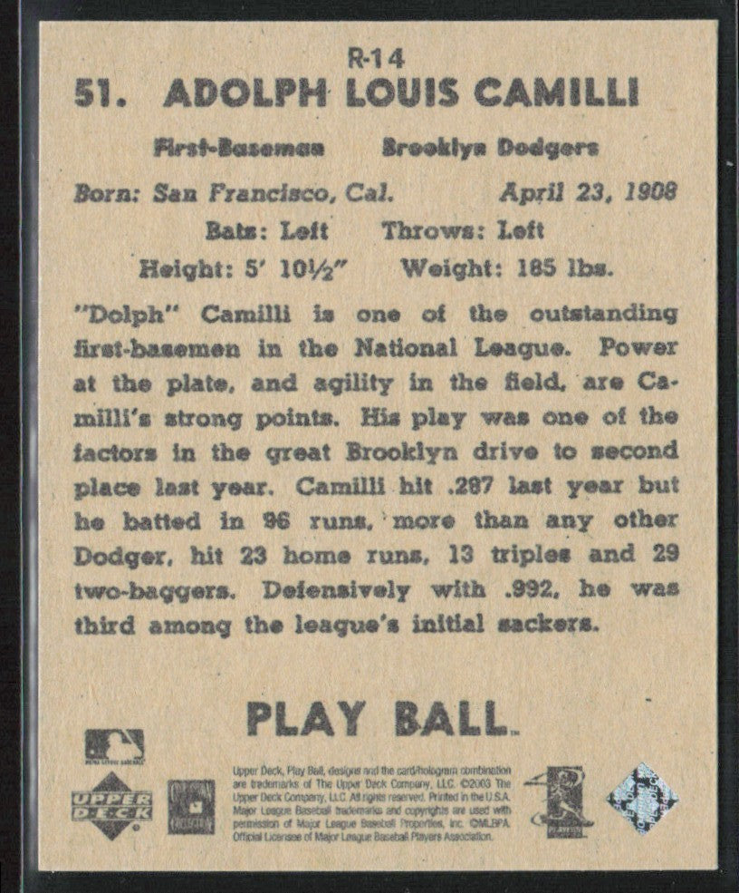 Dolph Camilli 2003 Upper Deck Play Ball 1941 Reprints #R-14 Brooklyn Dodgers