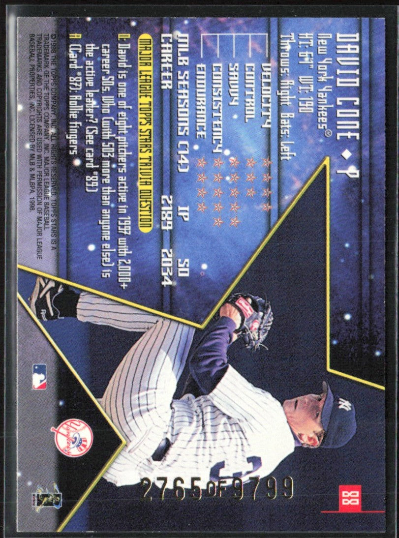 David Cone 1998 Topps Stars /9799 #88 New York Yankees
