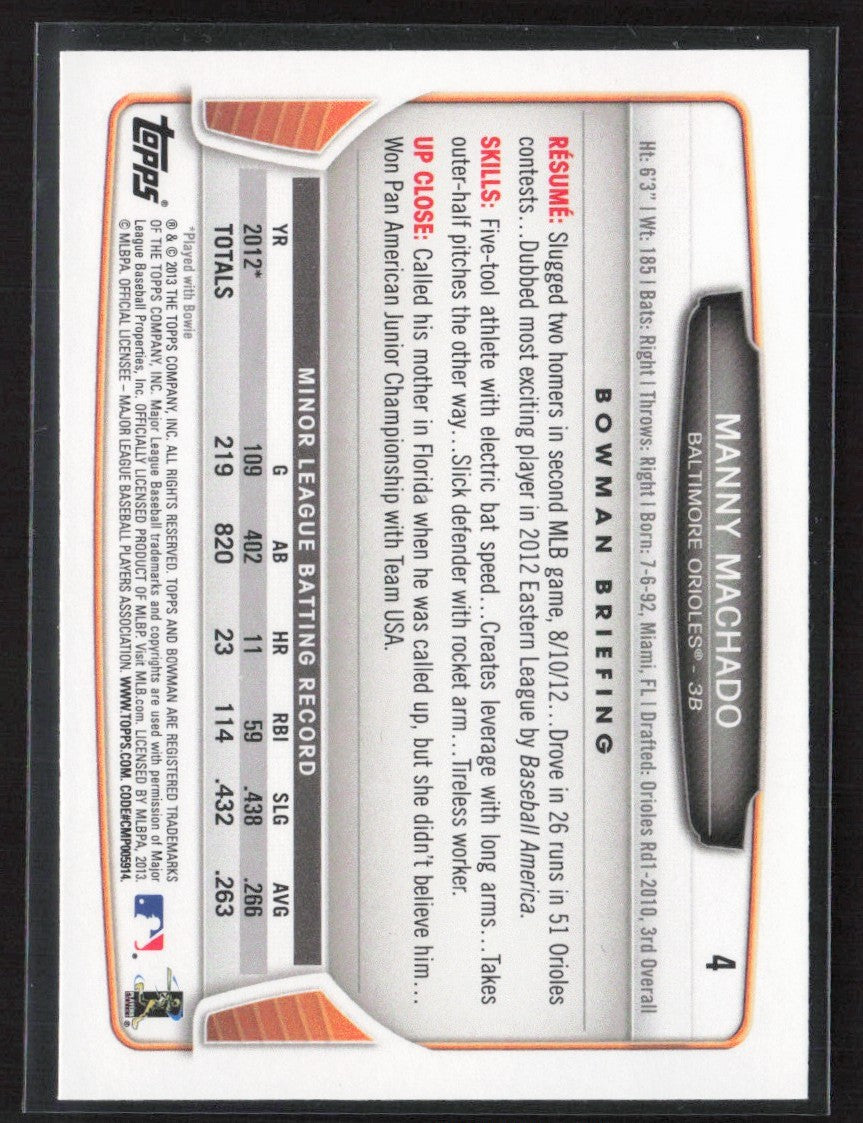 Manny Machado 2013 Bowman Draft Picks & Prospects RC #4 Baltimore Orioles