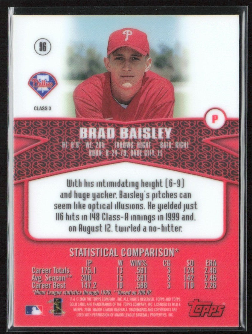 Brad Baisley 2000 Topps Gold Label Class 3 RC #96 Philadelphia Phillies