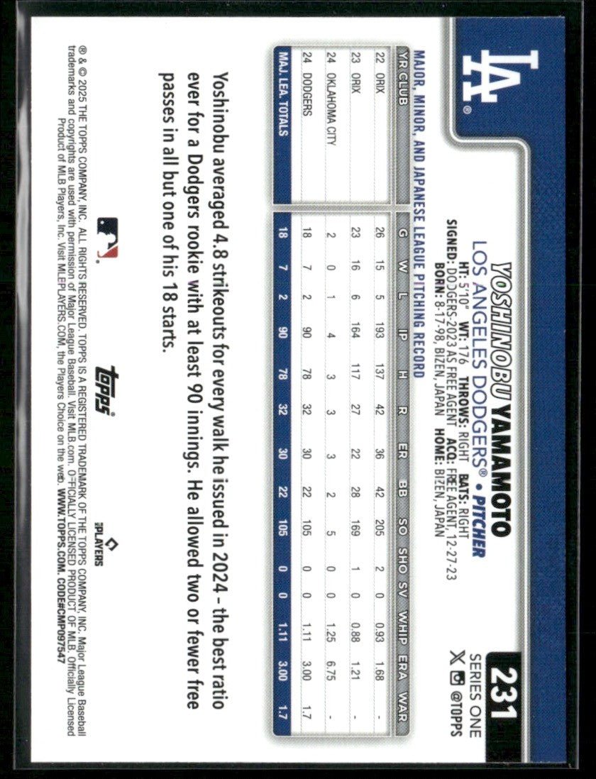 Yoshinobu Yamamoto 2025 Topps Foilboard #231 Los Angeles Dodgers