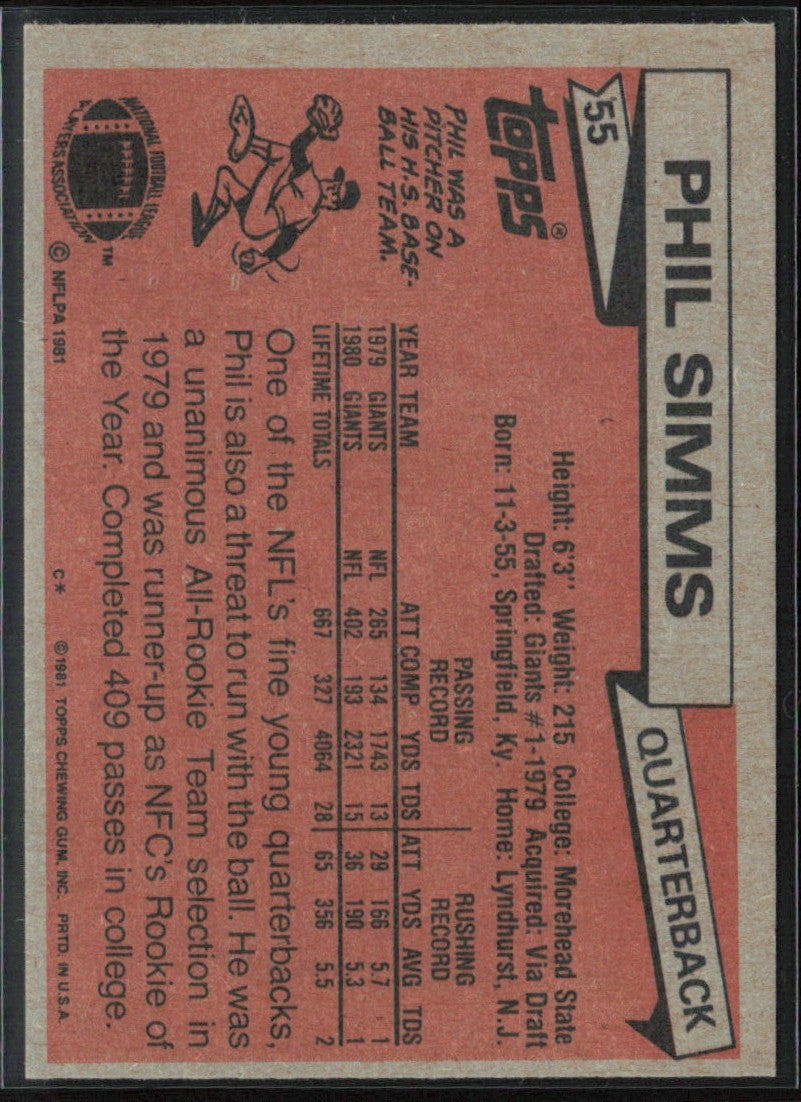 Phil Simms 1981 Topps #55 New York Giants