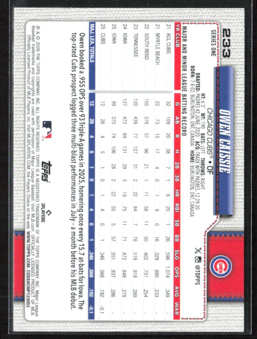 Owen Caissie 2026 Topps RC #233 Chicago Cubs