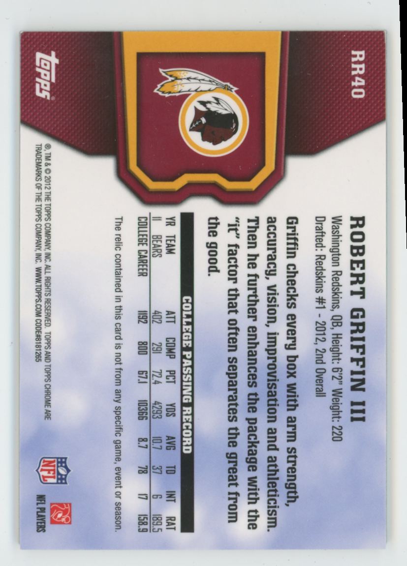 Robert Griffin III 2012 Topps Chrome Rookie Relics RC Jersey #RR40