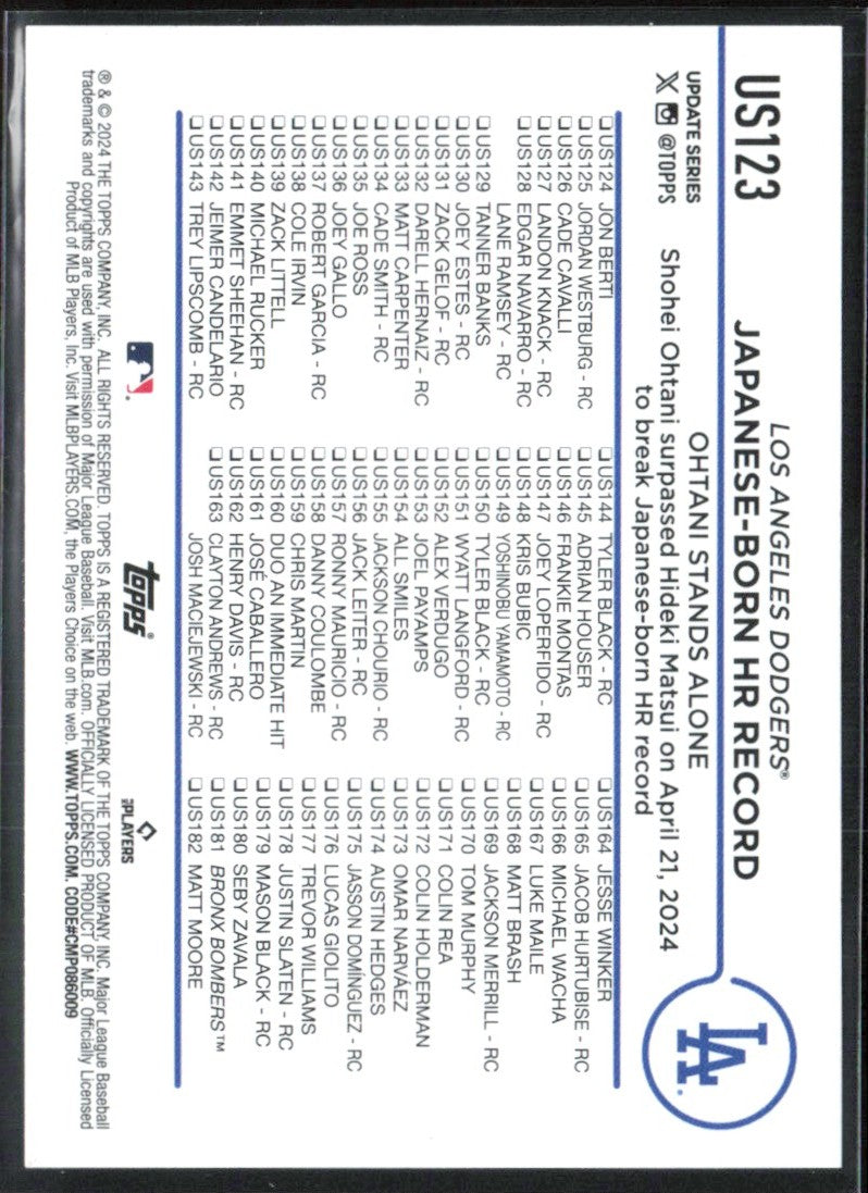 Shohei Ohtani 2024 Topps Update #US123 Los Angeles Dodgers