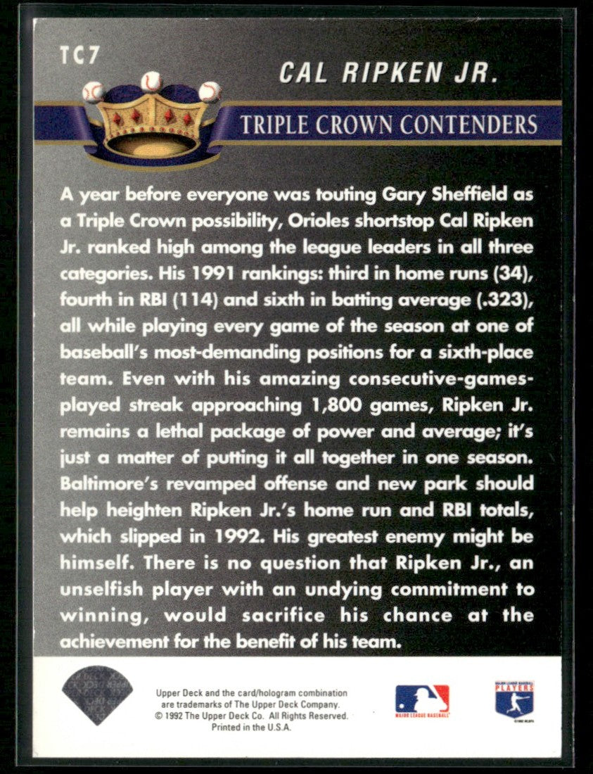 Cal Ripken Jr. 1992 Upper Deck Triple Crown Contenders #TC7 Baltimore Orioles