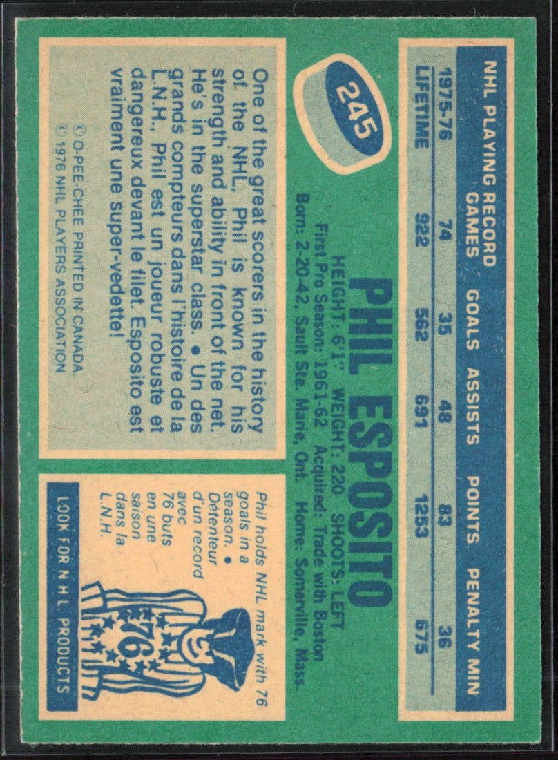 Phil Esposito 1976 O-Pee-Chee #245 New York Rangers