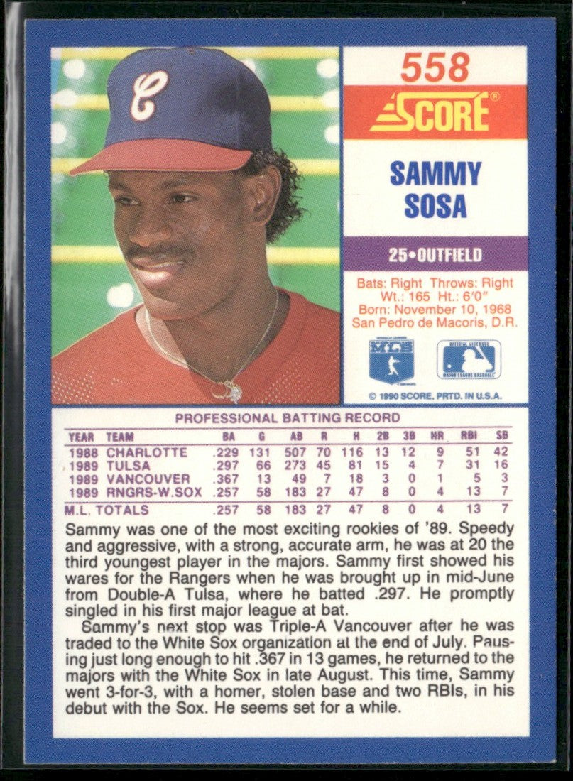 Sammy Sosa 1990 Score RC #558 Chicago White Sox