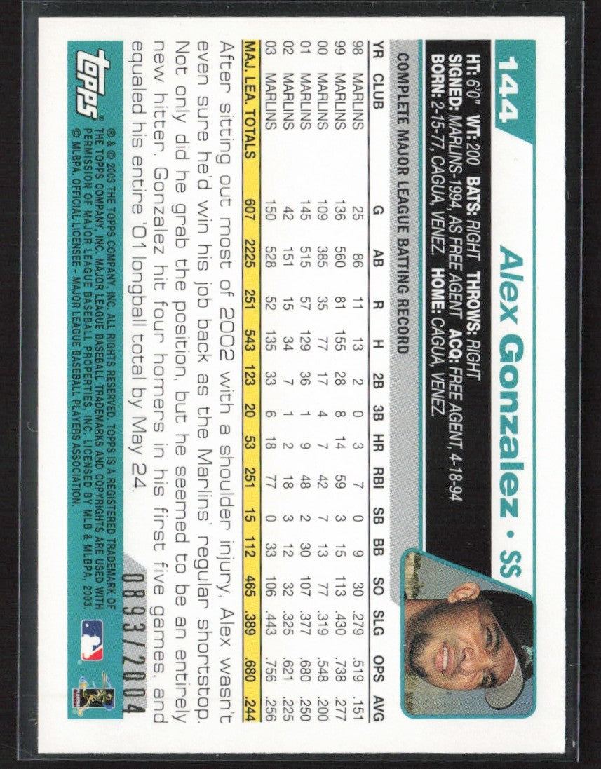 Alex Gonzalez 2004 Topps Gold /2004 #144 Florida Marlins