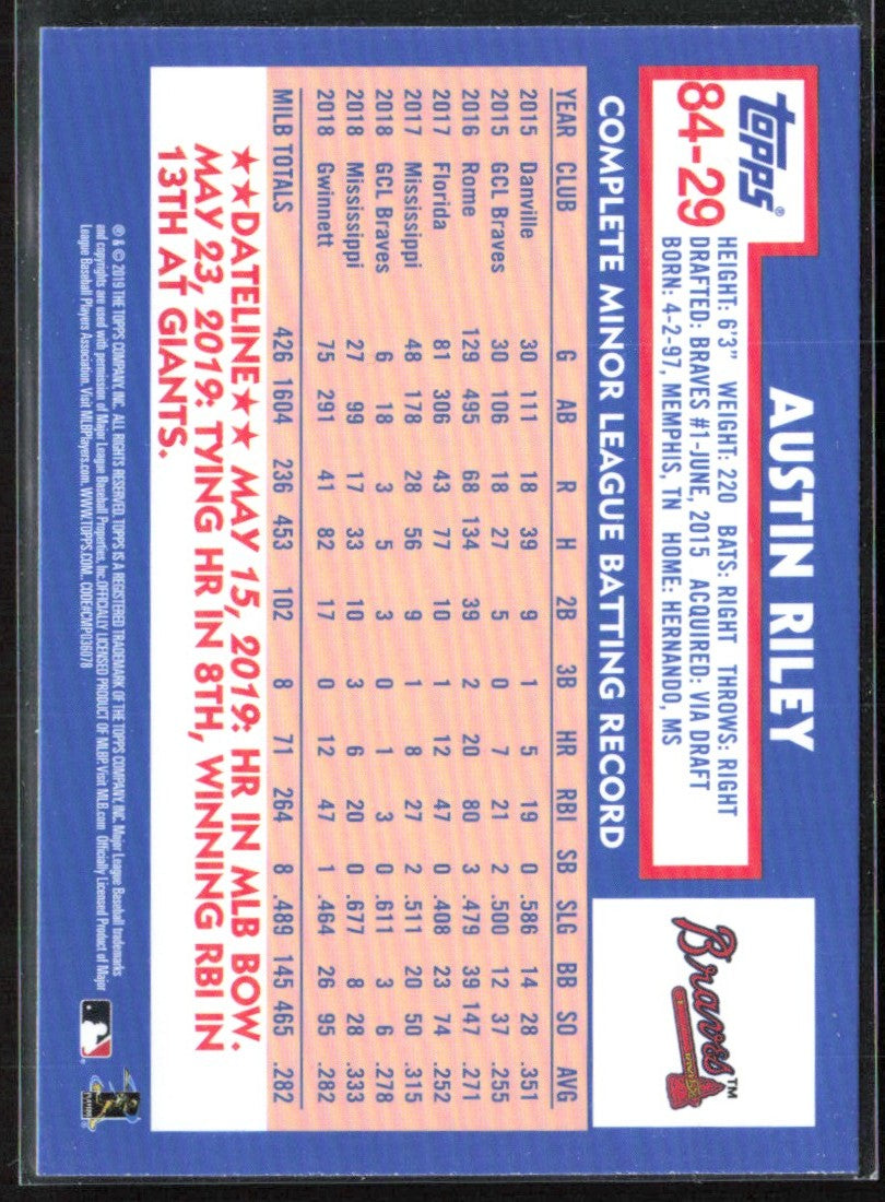 Austin Riley 2019 Topps 1984 Design RC #84-29 Atlanta Braves