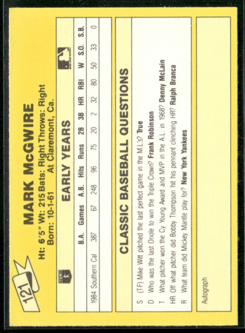 Mark McGwire 1989 Classic #121 Oakland Athletics