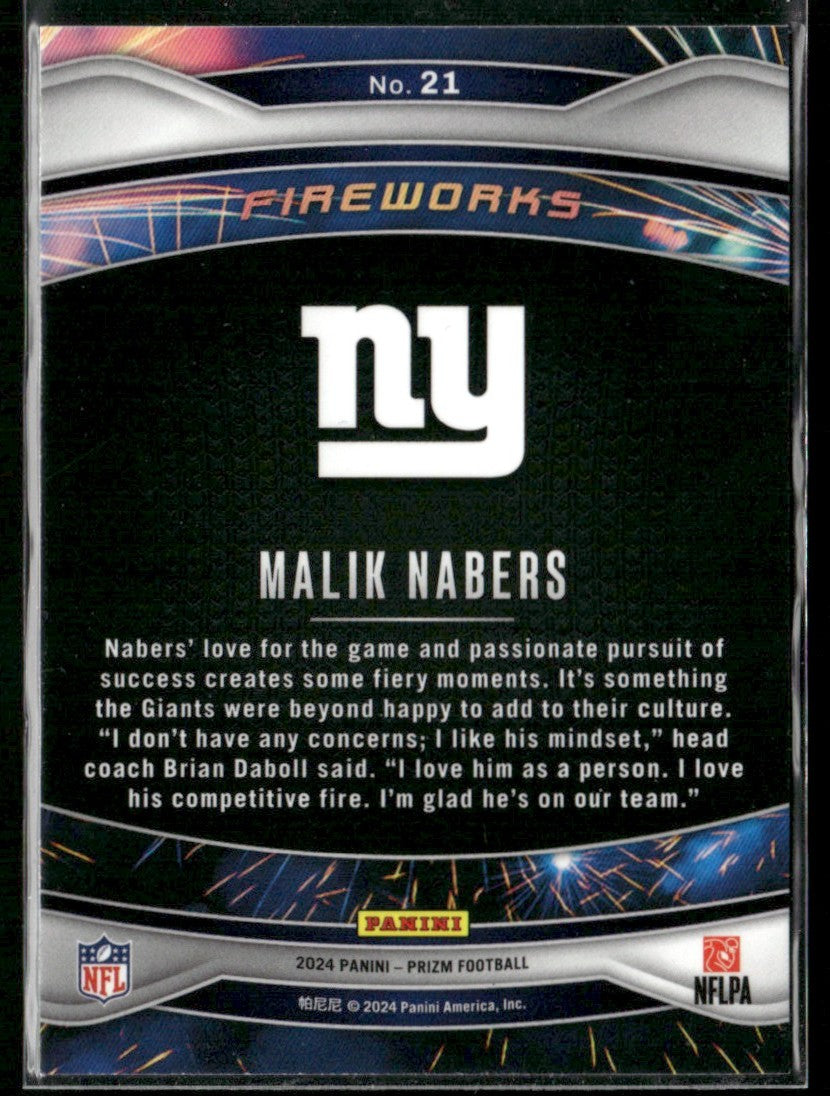 Malik Nabers 2024 Panini Prizm Fireworks RC #21 New York Giants